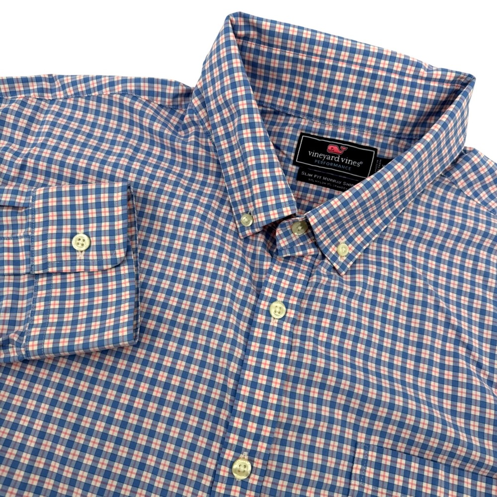 Vineyard Vines Murray Shirt Mens XXL Blue Pink Performance Slim Fit Check